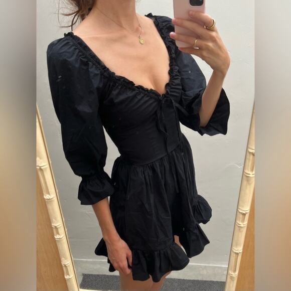 Hill House Samantha Cotton Long 3/4 Sleeve V Neck Ruffle A Line Mini Dress Black - Picture 3 of 11